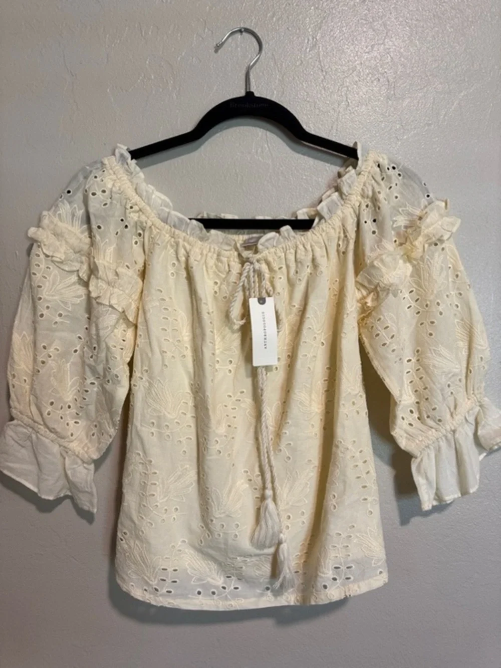 Anthropologie Cream Eyelet Off-Shoulder Peasant Blouse with Tassel